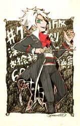 Rule 34 | 1boy, ascot, bato9969, black jacket, black pants, border, classicaloid, conductor baton, green eyes, holding baton, jacket, long sleeves, ludwig van beethoven (classicaloid), male focus, open mouth, pants, red ascot, signature, solo, translation request, white border, white hair