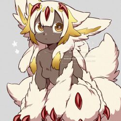 Rule 34 | 1girl, :&lt;, absurdres, bare shoulders, black skin, breasts, brown eyes, closed mouth, collarbone, colored skin, faputa, grey background, highres, kageimo, looking at viewer, made in abyss, nude, simple background, small breasts, solo, watermark