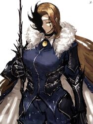 Rule 34 | 1girl, absurdres, akita (akitakipuromun), brown hair, cape, chinese commentary, choker, closed eyes, closed mouth, collared shirt, commentary request, cosplay, covered face, fur-trimmed cape, fur trim, gauntlets, highres, holding, knight of despair, knight of despair (cosplay), limbus company, lobotomy corporation, long hair, long sleeves, parted bangs, project moon, rodion (project moon), shirt, simple background, solo, teardrop facial mark, very long hair, white background