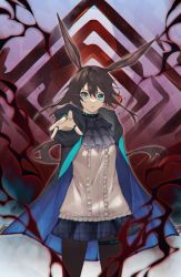 1girl absurdres amiya_(arknights) animal_ears arknights ascot black_ascot black_jacket black_pantyhose blue_eyes blue_skirt commentary english_commentary female_focus frilled_ascot frills gradient_ascot gradient_clothes highres jacket jewelry long_hair looking_at_viewer multiple_rings open_clothes open_jacket originium_arts_(arknights) pantyhose pleated_skirt ponytail rabbit_ears rabbit_girl ring shirt skirt solo sparkle sparkling_eyes thighlet very_long_hair white_ascot white_shirt yuzuyun