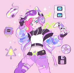 +_+ 1girl adapted_costume animal_ear_headphones animal_ears artist_name asymmetrical_hair baggy_pants black_gloves black_shirt blue_eyes blush_stickers bug butterfly casual cat_ear_headphones cd commentary controller cowboy_shot cropped_jacket cropped_shirt english_commentary fairy fake_animal_ears fingerless_gloves game_controller gloves green_butterfly green_hair green_wings happy head-mounted_display headphones holding holding_controller holding_game_controller insect jacket layered_sleeves leaphere legs_apart long_sleeves looking_at_viewer microchip midriff multicolored_hair nail_polish navel open_clothes open_jacket open_mouth pants pink_background pink_hair pink_nails puffy_long_sleeves puffy_sleeves purple_jacket purple_pants see-through_clothes see-through_jacket shirt short_hair simple_background smile solo sparkle sparkling_eyes standing streaked_hair tank_top tecna_(winx_club) teeth turtleneck turtleneck_shirt two-tone_hair upper_teeth_only watermark white_tank_top wings winx_club