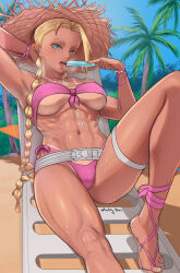 1girl abs absurdres antenna_hair armpits beach bikini blonde_hair blue_eyes braid breasts cammy_white chair fluffydus food hat highres holding holding_food holding_popsicle large_breasts long_hair lounge_chair melting_popsicle official_alternate_costume palm_tree pink_bikini popsicle sandals sitting strapless strapless_bikini street_fighter street_fighter_6 sun_hat swimsuit tan tanline tongue tongue_out tree