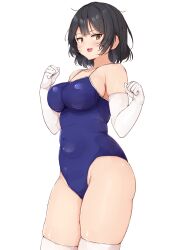 Rule 34 | 1girl, :d, absurdres, black hair, blush, breasts, clenched hands, commentary request, elbow gloves, fang, gloves, highres, looking at viewer, medium breasts, one-piece swimsuit, open mouth, original, plump, shinonon (iso shino), short hair, sideboob, skin fang, smile, solo, standing, swimsuit, thighhighs, white background, white gloves, white thighhighs, yellow eyes