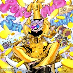 Rule 34 | 1boy, :d, anniversary, bathtub, blue-tinted eyewear, character doll, coin, commentary request, doll, facing viewer, gem, gholdengo, gimmighoul, gimmighoul (chest), gimmighoul (roaming), hand up, happy, haraya, holding, holding coin, jacket, lear (pokemon), lear (sygna suit) (pokemon), long sleeves, male focus, nintendo, official alternate costume, open mouth, pants, pointy hair, pokemon, pokemon (creature), pokemon masters ex, shoes, smile, sunglasses, teeth, tinted eyewear, tongue, upper teeth only, watermark, yellow jacket, yellow pants