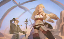 1boy 1girl absurdres ahoge arm_up black_shorts blonde_hair boots capelet commentary_request cropped_shirt day desert drill_hair elf elinalise_dragonroad es_limi giant_skeleton green_eyes grey_capelet grey_robe hand_on_own_hip highres holding holding_staff long_hair mage_staff mushoku_tensei navel orange_eyes outdoors pointy_ears ponytail red_thighhighs robe rock rudeus_greyrat sand shorts showgirl_skirt sky staff standing sword thigh_boots thighhighs weapon wide_hips