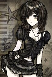 1girl black_bow black_gloves black_hair black_shirt bow breasts cleavage clothing_cutout collarbone cowboy_shot cross cross-laced_clothes cross-laced_top cross_necklace fingerless_gloves gd783hhh gloves hair_ornament hairclip highres jewelry looking_at_viewer medium_hair miniskirt necklace original pale_skin plaid_clothes plaid_skirt puffy_short_sleeves puffy_sleeves shirt short_sleeves skirt solo stomach_cutout swept_bangs zipper