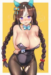 1girl animal_ears aqua_bow arms_under_breasts bare_shoulders black_leotard blue_bow blunt_bangs blush border bow braid breasts brown_hair brown_pantyhose cleavage collar collarbone covered_navel cowboy_shot detached_collar embarrassed gluteal_fold hair_bobbles hair_bow hair_ornament hokko_tarumae_(umamusume) horse_ears large_breasts leotard long_hair looking_at_viewer low_twin_braids lower_teeth_only multicolored_hair okasa_re_taii open_mouth orange_bow outside_border pantyhose playboy_bunny purple_eyes sidelocks simple_background solo standing star_(symbol) star_hair_ornament strapless strapless_leotard streaked_hair striped_bow sweatdrop teeth thigh_gap torn_clothes torn_pantyhose twin_braids umamusume v-shaped_eyebrows very_long_hair white_bow white_collar white_hair white_wrist_cuffs wrist_cuffs yellow_background