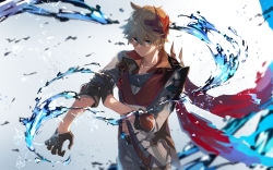 Rule 34 | 1boy, absurdres, ahoge, black gloves, blonde hair, blue eyes, earrings, genshin impact, gloves, grey jacket, grey pants, hair between eyes, highres, jacket, jewelry, male focus, mask, mask on head, pants, red mask, sakusakuagetate, short hair, single earring, solo, standing, tartaglia (genshin impact), water