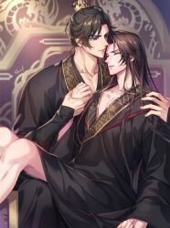 2boys adam&#039;s_apple black_hair black_hanfu brown_hair chinese_clothes chu_wanning closed_mouth collarbone cowboy_shot earrings erha_he_tadebai_mao_shizun floral_print furrowed_brow hair_down hand_on_another&#039;s_shoulder hanfu highres holding_hands jewelry korean_commentary long_hair long_sleeves looking_at_another male_focus mo_ran multiple_boys no_pants parted_lips pectoral_cleavage pectorals purple_eyes sitting sitting_on_lap sitting_on_person sitting_on_throne stud_earrings taxian-jun throne topknot wide_sleeves xiao_guan_(headdress) yaoi zehel_az