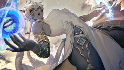 1girl animal_ears armlet breasts cat_ears cat_girl cat_tail colored_skin covered_erect_nipples cowlick dress dutch_angle facial_mark final_fantasy final_fantasy_xiv floating floating_object from_below grey_hair grey_skin hair_between_eyes highres holding holding_sword holding_weapon jewelry kyo_(kuroichigo) large_breasts long_hair low_ponytail miqo&#039;te open_mouth ponytail red_mage_(final_fantasy) side_slit sky sleeveless sleeveless_dress solo sword tail thighs very_long_hair warrior_of_light_(ff14) weapon whisker_markings white_dress yellow_eyes