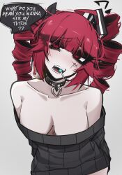 1girl ace_glitch bare_shoulders black_collar black_eyeliner black_eyeshadow black_sweater blunt_bangs breasts candy cleavage collar collarbone drill_hair eyeliner eyeshadow food grey_background hair_ornament head_tilt highres j.k._(style) kasane_teto large_breasts lollipop lollipop_in_mouth long_hair long_sleeves looking_at_viewer makeup no_bra off_shoulder red_hair sharp_teeth simple_background solo speech_bubble sweater teeth twin_drills utau