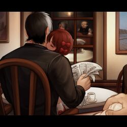 1girl 2boys absurdres age_difference black_hair black_jack_(character) black_jack_(series) bow collared_shirt hair_bow hair_over_one_eye hetero highres kiss kissing_neck loli long_sleeves multicolored_hair multiple_boys multiple_hair_bows newspaper nsfmeows pinoko scar shirt short_hair stitches two-tone_hair white_hair