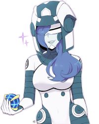 1girl beast_ball blue_hair bodysuit breasts commentary hair_over_one_eye hair_over_shoulder helmet highres holding holding_poke_ball long_hair milka_(milk4ppl) nintendo parted_lips poke_ball pokemon pokemon_usum signature smile soliera_(pokemon) solo sparkle visor