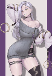 1girl absurdres black_choker black_shorts blue_lips border breasts choker cleavage dress earrings eyeliner fate/grand_order fate_(series) fluffydus grey_background grey_dress highres jewelry large_breasts lipstick long_hair makeup mrs._snake_(fate) patreon_username purple_border ribbed_dress shorts shorts_under_dress solo sweater sweater_dress thighs white_hair yellow_eyes