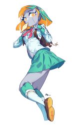Rule 34 | 1girl, absurdres, aqua hair, aqua skirt, backpack, bag, blonde hair, bob cut, bread, bread slice, brown shoes, colored inner hair, colored skin, dress shirt, food, food in mouth, foot out of frame, grey skin, hair ornament, hamma, highres, kneehighs, loafers, long sleeves, looking at viewer, mint star (hamma), mouth hold, multicolored hair, name tag, navel, necktie, shirt, shoes, simple background, skirt, socks, toast, toast in mouth, twisted torso, white background, yellow eyes