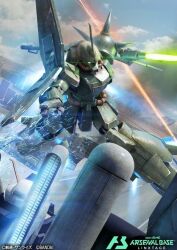 artist_request bandai battle byalant byalant_custom cable cloud copyright_logo damaged desert dirty earth_federation energy_beam energy_sword fake_screenshot flying gundam gundam_arsenal_base gundam_unicorn machinery marasai mecha mecha_focus neo_zeon official_art one-eyed radio_antenna realistic robot science_fiction shield sword thrusters title vernier_thrusters weapon