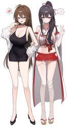 2girls absurdres ahoge bare_legs bare_shoulders black_choker black_dress black_hair blue_eyes breasts brown_hair chimyo choker cleavage commission cosplay costume_switch crop_top dress fang flats full_body garter_straps hand_on_own_hip hand_up heart highres hip_vent huge_breasts jacket large_breasts long_hair looking_at_viewer microskirt midriff multiple_girls navel nontraditional_miko off_shoulder open_mouth original panty_straps pleated_skirt ponytail red_eyes red_skirt rie_(mirae_yang) second-party_source shirt short_dress side_slit sideboob skirt sleeveless sleeveless_dress sleeveless_shirt smile spaghetti_strap spoken_blush spoken_heart standing stomach sweatdrop takamiya_keika thighhighs thighs v very_long_hair white_jacket white_shirt white_thighhighs wide_sleeves