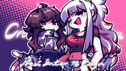 2girls artist_request brown_hair crop_top fingerless_gloves friday_night_funkin&#039; gloves highres horns mole mole_under_eye multiple_girls navel one_eye_closed white_hair