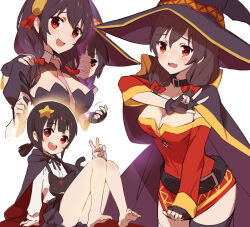 barefoot belt breasts brown_belt brown_hair brown_hat brown_skirt cat chomusuke commentary_request cosplay dress dress_tug fingerless_gloves gabu_(az210309) gloves hair_ornament hat highres komekko kono_subarashii_sekai_ni_shukufuku_wo! long_sleeves megumin megumin_(cosplay) off-shoulder_dress off_shoulder open_mouth pleated_skirt red_dress red_eyes short_dress skirt smile star_(symbol) star_hair_ornament teeth upper_teeth_only yunyun_(konosuba)