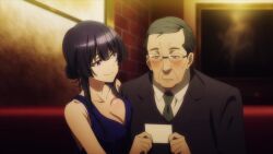 2boys 2girls animated anime_screenshot black_hair blue_dress blush breast_press breasts cleavage dress glasses hetero highres large_breasts lily_(spy_kyoushitsu) multiple_boys multiple_girls purple_eyes seductive_smile smile spy_kyoushitsu tagme thea_(spy_kyoushitsu) video