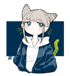 1girl blue_background blue_eyes blunt_bangs bright_pupils closed_mouth commentary_request cone_hair_bun cropped_torso double_bun drawn_tail drawn_whiskers grey_hair hair_bun highres hood hood_down hoodie jacket jasmine_(toshi_densetsu_kaitai_center) limited_palette long_sleeves looking_at_viewer open_clothes open_jacket short_hair solo toshi_densetsu_kaitai_center upper_body yamada_fgm