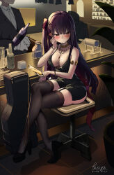 1girl 2others absurdres bar_(place) bare_shoulders black_dress blush breasts cleavage crossed_legs dress facing_viewer frown girls&#039;_frontline girls&#039;_frontline_2:_exilium hand_on_own_cheek hand_on_own_face hand_up head_rest high_heels highres leaning_to_the_side long_hair medium_breasts multiple_others no_bra purple_hair putoya red_eyes red_hair side_ponytail sitting sleeveless sleeveless_dress solo_focus spilling thighhighs thighs very_long_hair wa2000_(ballroom_interlude)_(girls&#039;_frontline) wa2000_(girls&#039;_frontline)
