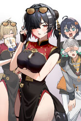 1boy 3girls ahoge bare_shoulders belle_(delicate_sunlight)_(zenless_zone_zero) belle_(zenless_zone_zero) black_dress black_gloves black_hair black_shirt blue_hair blush breasts brown_hair china_dress chinese_clothes clenched_teeth colored_inner_hair cosplay covering_another&#039;s_eyes dress ellen_joe eyewear_on_head fingerless_gloves fins fish_tail gloves green_eyes grey_hair grey_shirt hair_ornament hair_over_one_eye hand_fan highres large_breasts letter_hair_ornament long_sleeves looking_at_viewer low_twintails medium_breasts multicolored_hair multiple_girls orange-tinted_eyewear orange_skirt pants pelvic_curtain red_dress red_eyes red_hair shark_girl shark_tail shirt short_hair short_twintails side_slit single_fingerless_glove skirt sunglasses sweety_(zenless_zone_zero) sweety_(zenless_zone_zero)_(cosplay) tail teeth thighs tinted_eyewear twintails two-tone_dress uuroncha white_pants wise_(soaring_crane)_(zenless_zone_zero) wise_(zenless_zone_zero) zenless_zone_zero