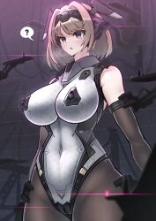 1girl ? absurdres bare_shoulders black_gloves blue_eyes blush bodysuit breasts brown_hair cameltoe covered_erect_nipples covered_navel elbow_gloves giant giantess gloves headgear highres hypnosis impossible_bodysuit impossible_clothes impossible_leotard large_breasts leotard medium_hair mind_control open_mouth original pantyhose sherman_(egnk2525) short_hair solo spoken_question_mark