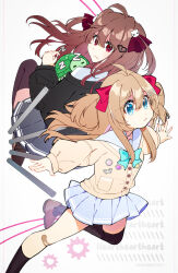 1boy 2girls aqua_bow asymmetrical_legwear black_cardigan black_skirt black_socks black_thighhighs blue_eyes blue_skirt bow brown_hair cardigan evil_neuro-sama hair_ribbon highres long_hair morinohito multiple_girls neuro-sama pleated_skirt red_eyes red_ribbon ribbon sailor_collar short_twintails simple_background skirt socks thighhighs turtle twintails vedal987 vedal_ai virtual_youtuber white_background yellow_cardigan