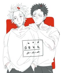 Rule 34 | 2boys, alternate hairstyle, hair ornament, hands in pockets, hatake kakashi, looking at another, male focus, mole, mole under mouth, multiple boys, naruto (series), naruto shippuuden, pants, scar, scar across eye, scar on face, shirt, short hair, sweatdrop, uchiha obito, vosovic