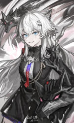 Rule 34 | 1girl, absurdres, arknights, black gloves, black jacket, black skirt, blue eyes, bolo tie, chinese commentary, commentary, commentary request, dated, english commentary, gloves, grin, hair between eyes, hair ornament, hairclip, highres, jacket, lappland (arknights), lappland the decadenza (arknights), long hair, looking at viewer, making-of available, mixed-language commentary, monster, partial commentary, petting, scar, scar across eye, scar on face, skirt, smile, solo, white hair, wolf girl, yitai zhi meng