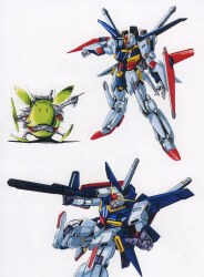 1980s_(style) artist_request beam_cannon beam_rifle concept_art energy_gun gundam gundam_zz haro highres machinery magazine_scan mecha mobile_suit muzzle no_humans official_art oldschool open_hatch production_art retro_artstyle robot scan science_fiction shield v-fin weapon zz_gundam