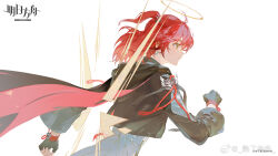 1girl antenna_hair arknights artist_name black_gloves black_jacket cape chinese_commentary closed_mouth commentary_request copyright_name cropped_jacket dress exusiai_the_new_covenant_(arknights) fingerless_gloves from_side gloves halo highres hood hooded_cape jacket medium_hair official_art one_side_up profile red_eyes red_hair running shule_de_yu simple_background solo three-quarter_sleeves white_background white_dress wide_sleeves wings