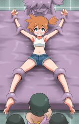 1girl absurdres armpits asymmetrical_hair bare_shoulders barefoot beauty_(pokemon) blue_eyes blush bound breasts denim denim_shorts ditto feet gen_1_pokemon gym_leader hair_tie highres holding legs looking_at_viewer medium_breasts misty_(pokemon) multiple_girls navel nintendo nipples open_mouth orange_hair pokemon pokemon_lgpe ponytail shin_(kusugurijin) shirt short_hair short_shorts shorts side_ponytail thighs toes transformed_ditto white_shirt