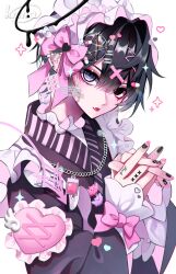 1boy artist_logo bandaid bandaid_on_cheek bandaid_on_face black_eyes black_hair black_kimono black_nails bow closed_mouth commentary_request cross_hair_ornament ear_piercing fang frilled_kimono frills hair_between_eyes hair_ornament hat hat_bow heterochromia highres japanese_clothes jewelry kaminoq kimono logo long_sleeves looking_at_viewer male_focus multicolored_nails nail_polish necklace original own_hands_together piercing pill_hair_ornament pink_bow pink_nails purple_eyes short_hair simple_background skin_fang solo tongue tongue_out upper_body watermark white_background white_hat
