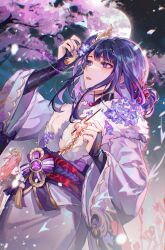 2girls absurdres alternate_costume animal_ears arm_up artist_name back bare_shoulders blunt_bangs blurry blurry_background bridal_gauntlets cherry_blossoms commentary detached_sleeves duplicate elbow_gloves electricity english_commentary falling_petals fan_hair_ornament fingerless_gloves flower fox_ears fox_girl from_behind from_side fur_trim genshin_impact gloves glowing hair_ornament headpiece highres japanese_clothes kimono light_particles long_hair long_sleeves looking_to_the_side miko mitsudomoe_(shape) moon motion_blur multicolored_eyes multiple_girls nail_polish neck_ribbon night night_sky oastlv open_mouth outdoors parted_lips petals pink_hair purple_eyes purple_flower purple_gloves purple_hair purple_nails raiden_shogun red_lips red_ribbon ribbon sky solo_focus standing tomoe_(symbol) tree twitter_username wide_sleeves yae_miko