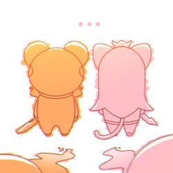 2girls animal_costume animal_hood chibi couple earrings feather_earrings feathers frog frog_costume frog_hood frogiwawa highres holding holding_knife hololive hololive_english hood hyurisaki implied_murder jewelry knife long_hair mori_calliope multiple_girls onesie orange_hair simple_background takanashi_kiara virtual_youtuber weird_cat_(mori_calliope) yuri