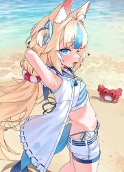 1girl ahoge animal_ears armpits arms_behind_back beach bikini blue_bikini blue_eyes blue_hair blush cat_ears commentary dress fang fins fish_girl fish_tail gurumie heart highleg highleg_bikini highres indie_virtual_youtuber kaniki_(sameko_saba) lifebuoy_hair_ornament long_hair looking_at_viewer low_twintails open_clothes open_dress open_mouth sameko_saba sand short_shorts shorts skin_fang sleeveless sleeveless_dress solo swimsuit tail twintails very_long_hair water white_dress white_shorts