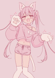 1girl :d animal_ear_fluff animal_ears animal_hands blush brown_background cat_ears cat_girl cat_tail choker commentary_request crop_top dolphin_shorts drooling fang flying_sweatdrops gloves heart heart-shaped_pupils highres jigatei_(omijin) long_hair long_sleeves midriff mouth_drool navel off_shoulder open_mouth original paw_gloves pink_hair pink_shirt pink_shorts puffy_long_sleeves puffy_sleeves romaji_text shirt short_shorts shorts simple_background smile solo sweat symbol-shaped_pupils tail thighhighs twintails very_long_hair white_choker white_gloves white_thighhighs