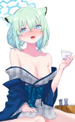 1girl animal_ears aqua_hair bath_yukata blue_archive blue_halo blush breasts choko_(cup) cleavage commentary cup derivative_work drooling drunk grey_kimono halo highres holding holding_cup japanese_clothes kimono laija looking_at_viewer low_twintails medium_breasts nose_blush official_alternate_costume official_alternate_hairstyle open_mouth purple_eyes purple_nails saliva saliva_trail shigure_(blue_archive) shigure_(hot_spring)_(blue_archive) short_hair short_twintails simple_background smile solo tail thighs twintails weasel_ears weasel_girl weasel_tail white_background yukata