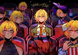 6+girls :3 absurdres badge black_coat black_undershirt blonde_hair blood blood_on_face chair closed_mouth coat collared_shirt don_quixote_(project_moon) e.g.o_(project_moon) food highres horns indoors lantern_(e.g.o) lapels lexia_solve_e limbus_company lobotomy_corporation_(identity)_(project_moon) middle_(identity)_(project_moon) movie_theater multiple_girls multiple_persona n_corp._fanatic_(identity)_(project_moon) necktie notched_lapels open_mouth popcorn project_moon red_necktie sheep_horns shi_association_south_uniform shirt short_hair sleeveless sleeveless_shirt smile sparkle w_corp._(identity)_(project_moon) white_shirt yellow_eyes