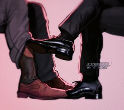 Rule 34 | 2boys, artist name, batman, batman (series), black pants, bruce wayne, clark kent, commentary, crossed legs, dc comics, dc universe (franchise), english commentary, highres, legs, male focus, moccasins, multiple boys, pants, shoes, simple background, superman, superman (2025), superman (series), the batman (2022), umikochannart, yaoi