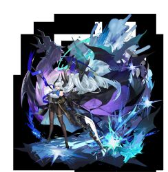 1girl ascot bare_shoulders belt black_belt black_coat black_corset black_dress black_fur black_horns black_necktie black_pantyhose black_shoes blue_ascot blue_gloves blue_ribbon breasts buttons coat collared_shirt corset dragon dragon_girl dragon_horns dress echocalypse fold-over_collar full_body fur_collar gloves gold_thighlet gold_trim hair_between_eyes high_heels highres holding holding_polearm holding_weapon horns jewelry large_breasts large_horns long_hair necktie niz_(echocalypse) off_shoulder official_art open_clothes open_coat pantyhose pelvic_curtain polearm purple_eyes quilted_clothes ribbon second-party_source shirt shoes simple_background sleeveless sleeveless_shirt solo standing tachi-e thighlet two-sided_coat two-sided_fabric underbust vambraces very_long_hair weapon white_hair white_shirt