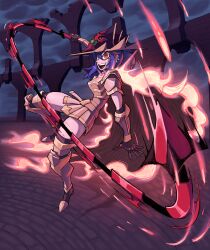 1girl absurdres arena armor armored_boots blue_hair boots breastplate breasts brick_floor cape cloud cloudy_sky commentary commission dang_(runescape) duellist&#039;s_cap_(tier_6) english_commentary fiery_clothing fire full_body gladiator gloves hat high_ponytail highres holding holding_weapon holding_whip long_bangs looking_at_viewer medium_breasts old_school_runescape original ponytail runescape second-party_source sky smile solo storm_cloud thick_eyebrows weapon whip whipping yellow_eyes zals