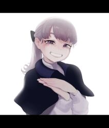 1girl blue_bow bow crying derivative_work hair_bow highres krekkov lapwing_(vrchat) lapwing_face_tracking_redraws letterboxed looking_at_viewer own_hands_together ponytail screenshot_redraw smile solo streaming_tears tears turtleneck vrchat white_background