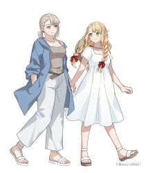 2girls alternate_costume blonde_hair blue_jacket bow braid breasts bright_pupils brown_eyes cleavage closed_mouth dress dungeon_meshi elf falin_touden falin_touden_(tallman) green_eyes hair_bow highres holding_hands jacket jewelry large_breasts long_sleeves marcille_donato multiple_girls necklace nezu1495821 pointy_ears red_bow sandals short_hair simple_background small_breasts smile twin_braids twitter_username white_background white_dress white_pupils yuri