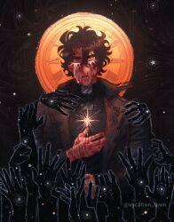 Rule 34 | 1boy, analog clock, black background, black coat, black hair, bleeding, blood, blood on face, blood on hands, clock, closed eyes, clothes grab, coat, crying, curtained hair, halo, halo behind head, hand on another&#039;s arm, hand on another&#039;s shoulder, hand on own chest, highres, male focus, messy hair, omniscient reader&#039;s viewpoint, open clothes, open coat, open mouth, popped collar, scar, scar on hand, scars all over, sky, solo, star (sky), star (symbol), starry sky, too many, too many hands, vacation town, yoo joonghyuk