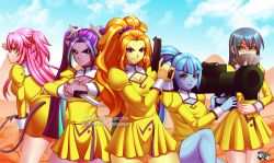 5girls adagio_dazzle agent_aika aika_(series) angel_beats! aria_blaze blue_hair breasts brown_eyes character_request cleavage cleavage_cutout closed_mouth clothing_cutout cosplay crossover delmo demon_tail dress fairy_tail golden_delmo jadenkaiba long_hair looking_away multiple_girls my_little_pony my_little_pony:_equestria_girls my_little_pony:_friendship_is_magic outdoors pink_eyes pink_hair sky sonata_dusk tail wendy_marvell yui_(angel_beats!)