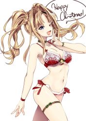 1girl 218 bell blonde_hair blue_eyes breasts female_focus granblue_fantasy looking_at_viewer navel one-piece_swimsuit one_eye_closed open_mouth panties red_one-piece_swimsuit red_panties santa_costume solo swimsuit twintails underwear underwear_only zeta_(granblue_fantasy)