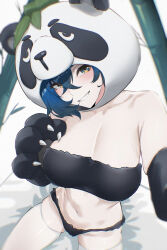 1girl alternate_breast_size animal_head bamboo belle_(zenless_zone_zero) bikini black_bikini black_gloves blue_hair breasts cleavage commentary_request ei_(eiei_e1) gloves green_eyes highres navel paid_reward_available short_hair smile solo stomach swimsuit thighhighs white_thighhighs zenless_zone_zero